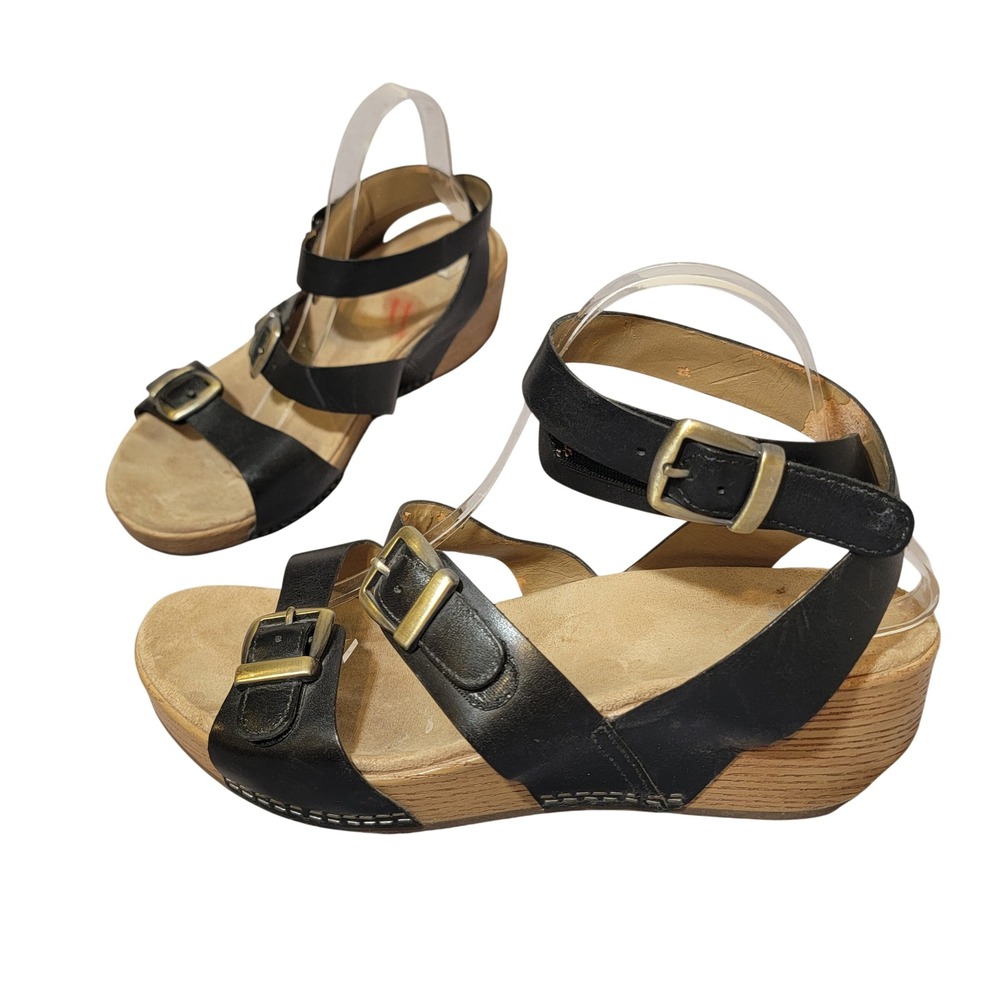 Dansko Lou Black Leather Double Buckle Strap Wedge Sandals Ankle Wrap 41 10.5-11
